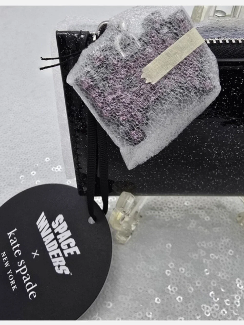 Space Invaders Kate Spade New York Glitter Black Patent Leather Sm Bifold Wallet